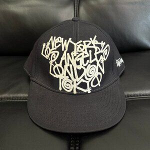Rare Vintage Stussy Graffiti World Tour Black Fitted Cap Hat - Size Medium / 7